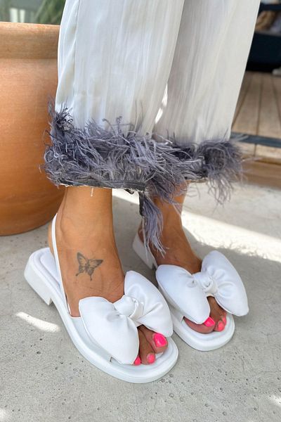 Shoebutik Fluffy White Bow Tie Detail Women's Sandals