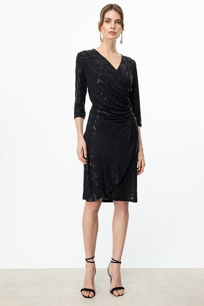 Ekol Sequin Embroidered Double Breasted Collar Dress