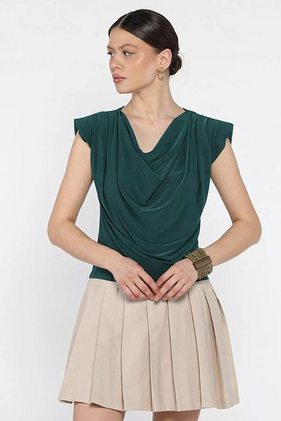 GÜLSELİ Γυναικεία μπλούζα Emerald Green Shoulder Padded Draped