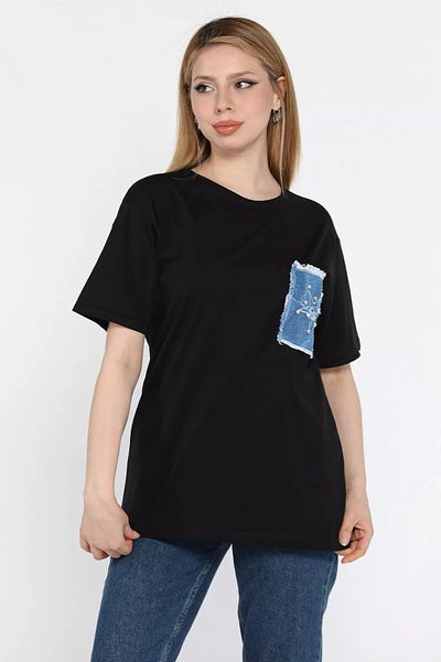 GÜLSELİ Tricou de damă din denim negru cu piatră