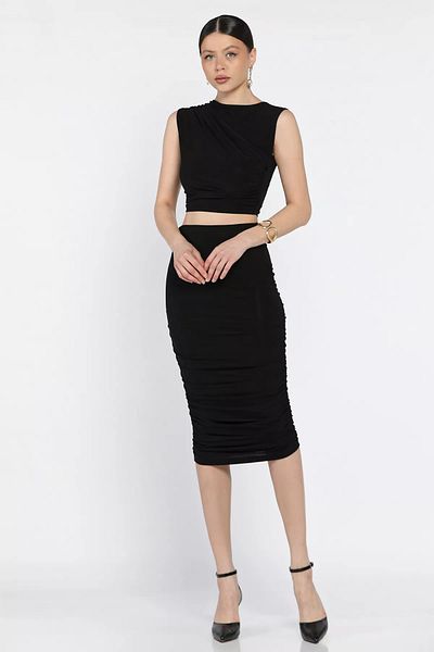 GÜLSELİ Black Women's Gather Detailed Lycra Skirt Blouse Double Set