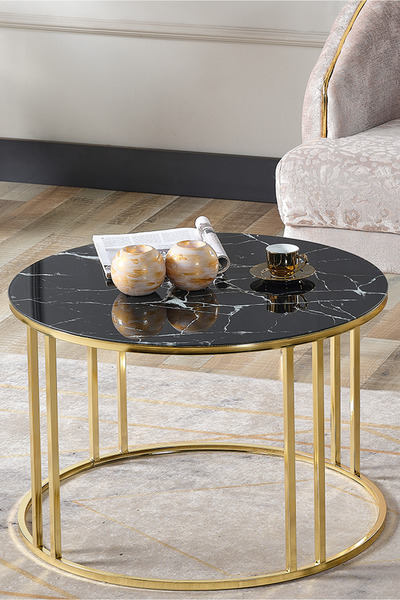 SEDAŞ LIVING UNITS Salon Orta SİYAH MERMER Temperli (Kırılmaz) Cam (GOLD) Met...