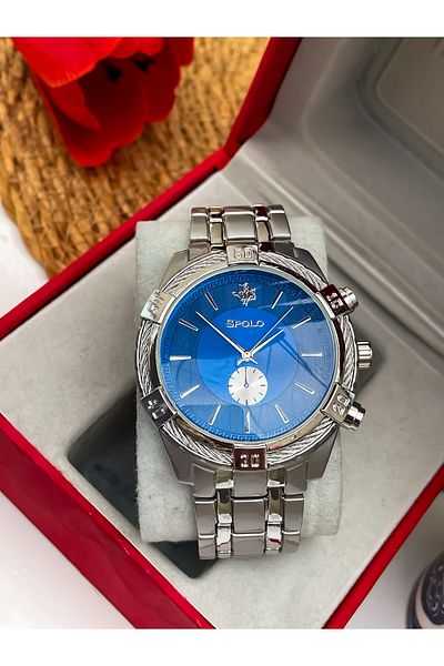 S.POLO Brand Silver Color Men's Navy Blue Dial Wrist Watch Bracelet with Gift
