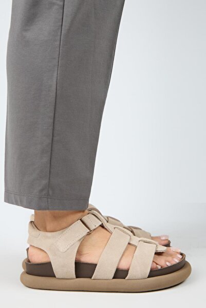 Manijero Capra Women's Genuine Leather Scarf Velcro Beige Sandals