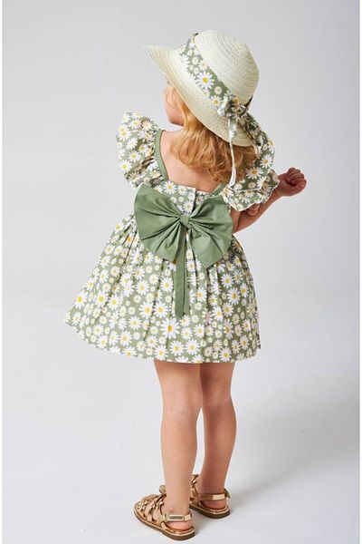 Pinkitokids Daisy Printed Girl's Dress-(Hat Included)-Green