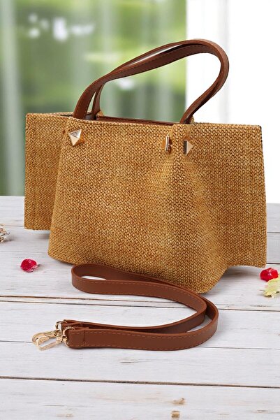 Aksesuar Trend Straw Bag - Hand and Shoulder Bag, Knitted Detail
