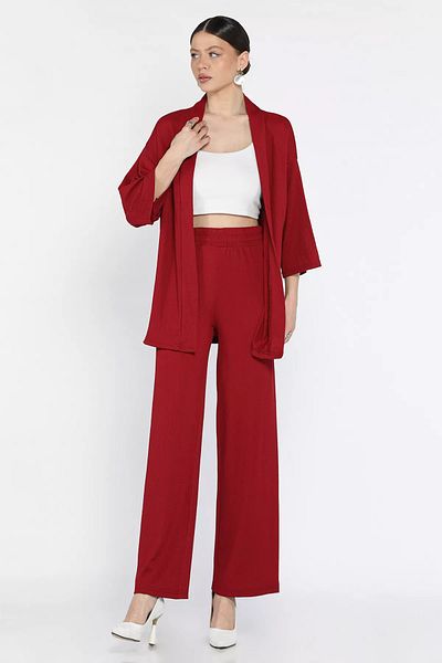 GÜLSELİ Claret Red Women's Kimono Pants Double Set