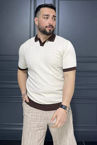 MİSHAR İTALİA Ανδρικό πλεκτό μπλουζάκι μπεζ Polo Neck