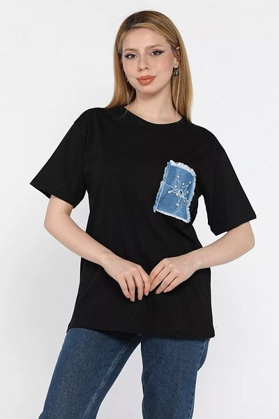 GÜLSELİ Tricou de damă din denim negru cu piatră