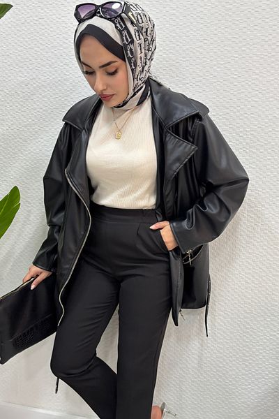 Tesettür Diyarı Crepe Fabric Elastic Waist Double Pocket Classic Pants-Black