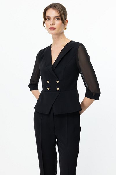 Ekol Double Breasted Collar Sleeves Tulle Jacket