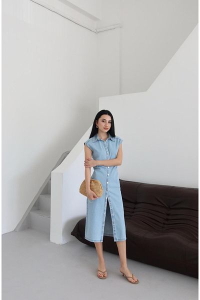 Ekim Store Rochie lungă din denim bleumarin cu bretele cu nasturi