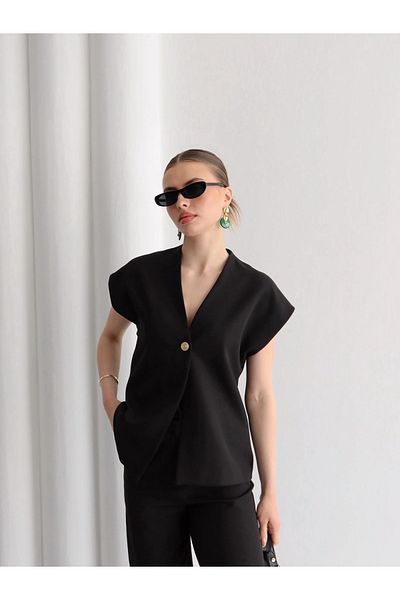 Ekim Store Gold Buttoned Vest Trousers Double Blazer Set