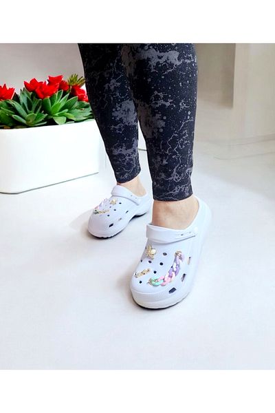 AkınalBella Women's High Heeled Colorful Chain Detailed Stone Slippers for Hospital, Doctor, Nurse