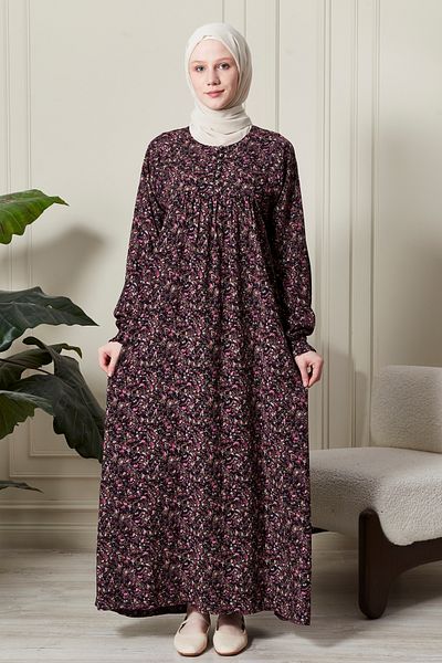fistan Shirring Robadan Μπροστινά κουμπιά από ύφασμα βισκόζης Φόρεμα προσευχής για μητρικό φόρεμα