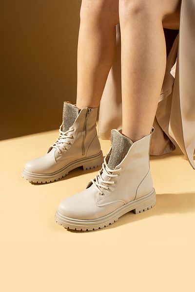 Pembe Potin Women's Cream Beige Poly Sole Stone Laced Daily Comfortable Molded Warm Lined Boots