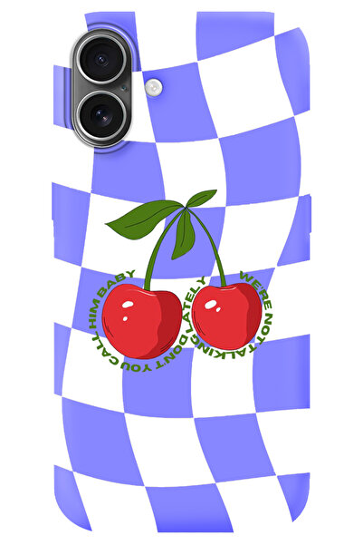 WANNA PROTECT iPhone 16 Lila İçi Kadife Dama Kiraz Desenli Silikon Telefon Kı...