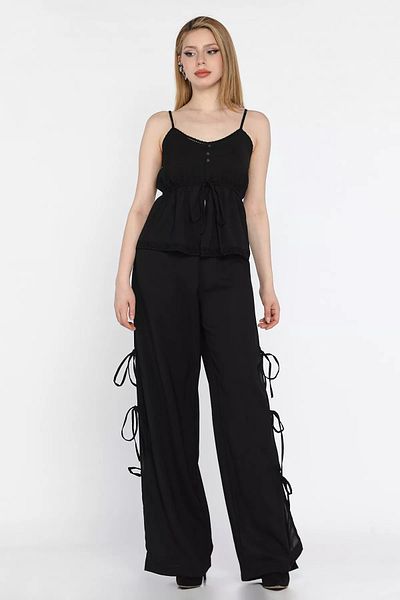 GÜLSELİ Black Rope Strap Waist Elastic Blouse Trousers Double Set