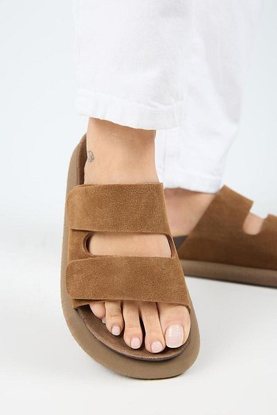 Manijero Lillo Women's Genuine Leather Double Velcro Tan Slippers