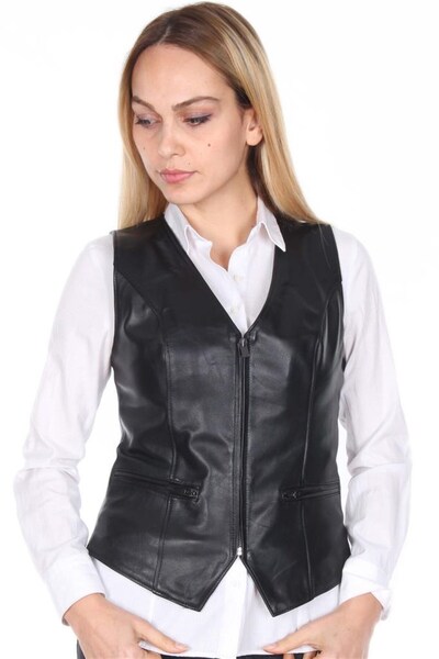 DeriWork Hakiki Kuzu Derisi Fermuarlı Kadın Deri Yelek Siyah