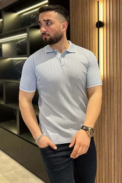 MİSHAR İTALİA Μπλε ανδρικό πλεκτό μπλουζάκι με λαιμόκοψη με μισό κουμπί