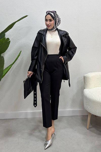Tesettür Diyarı Crepe Fabric Elastic Waist Double Pocket Classic Pants-Black
