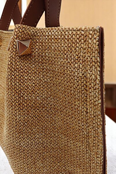 Aksesuar Trend Straw Bag - Hand and Shoulder Bag, Knitted Detail