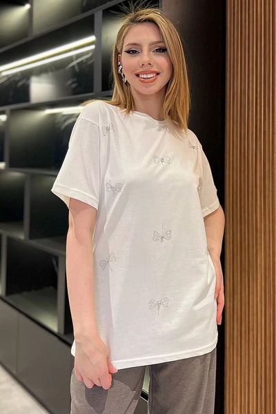 GÜLSELİ Γυναικείο T-Shirt Cream Bow Stoned Crew Neck