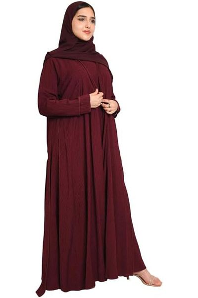 HAWRAA Quarter Flared Orange Wrap Abaya Set with Striped Fabric