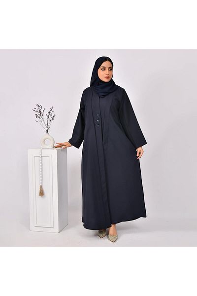 HAWRAA Navy Blue Open Abaya with Decorative Buttons