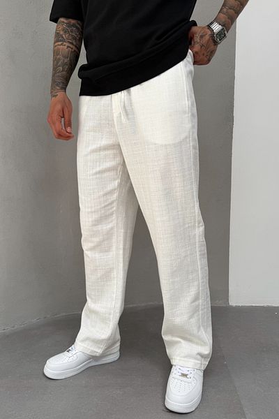 MADZEYMODA Λευκό φαρδύ ανδρικό λινό παντελόνι KE-7014
