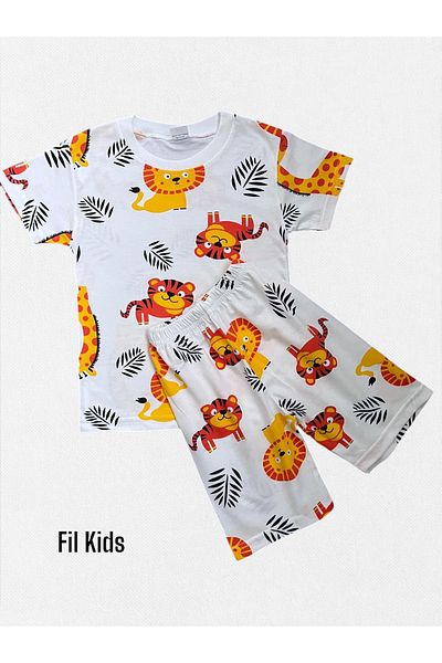 Fil Kids Costum de pijama de vară pentru băiat, din bumbac, de culoare albă, cu mânecă scurtă, cu model de leu