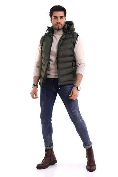 B.HE.Z Men's Gel Padding Cross Model Zippered Hooded Inflatable Vest with Inner Pocket