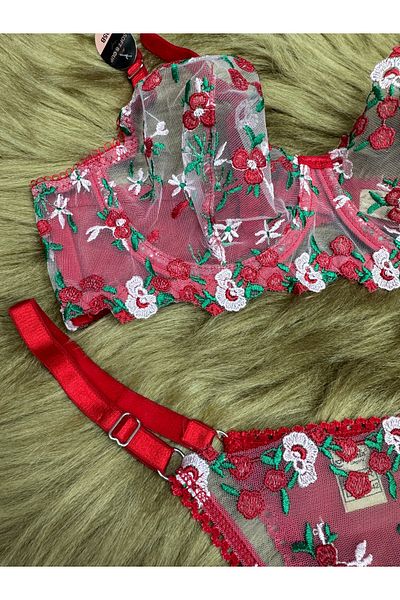 SATTENS Floral Pattern Luxury Lace Brodeled Bralet Set (Bra and Thong) Underwire Lingerie Set