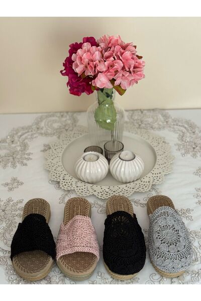 FivemodaSpor Papuci de damă din paie, închis în față, tricotat în aer liber, tricotaje din dantelă, cu detalii de broderie, papuci de vară, acasă, pentru vacanță, pe plajă