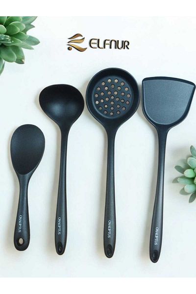 elfnur Hard Tip Heat Resistant Silicone Colander Spatula Ladle Spoon Set 4Pcs Black