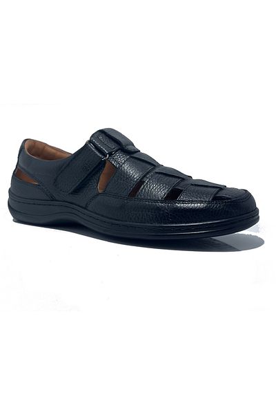 Sultan Black Genuine Leather Banded Orthopedic Casual Men's Summer Shoes