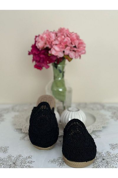 FivemodaSpor Women's Straw Slippers Closed Front Open Mesh Lace Knitwear Embroidery Detailed Stylish Summer Home Beach Vacation Slippers