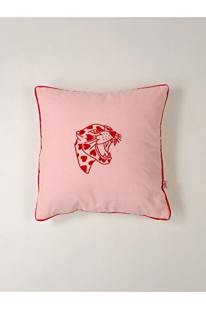 Galia Tasarım Pembe Kırmızı Kalpli Leopar Yüzü Punch Kırlent Kılıfı