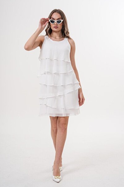 Flame İstanbul Butik فستان شيفون أبيض بطبقات - MCK5021