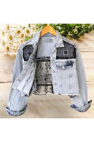 LOKADI Jachetă de damă din denim crop cu detalii din tul