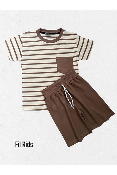 Fil Kids Boy's 100% Cotton White Brown Striped Pocket Waffle Fabric Short Sleeve Shorts Summer Suit