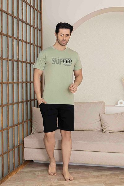Tarık Men's Green Short Sleeve Shorts Combed Cotton Pajama Set