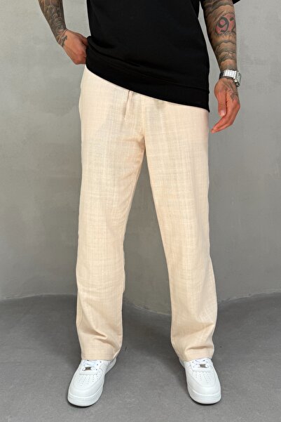 MADZEYMODA Ανδρικό λινό παντελόνι σε μπεζ φαρδύ χρώμα KE-7014