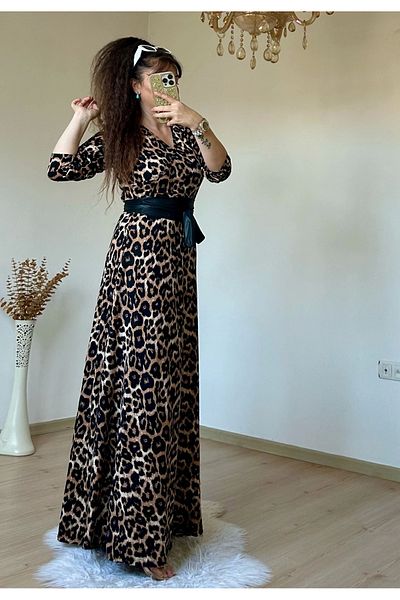 azra moda Full Length Brown Leopard Dress