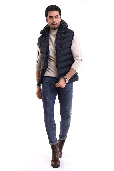B.HE.Z Men's Gel Padding Cross Model Zippered Hooded Inflatable Vest with Inner Pocket