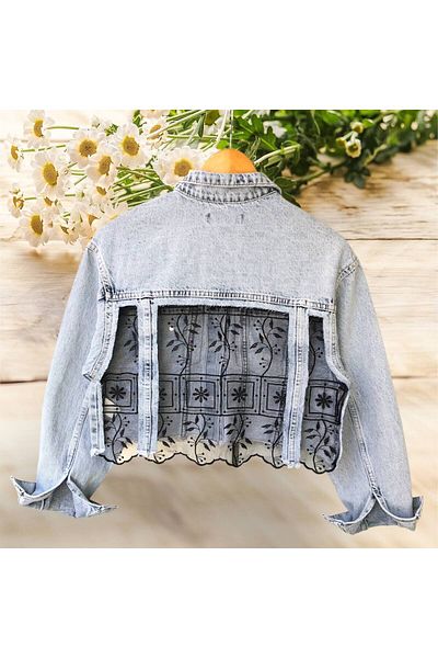 LOKADI Jachetă de damă din denim crop cu detalii din tul