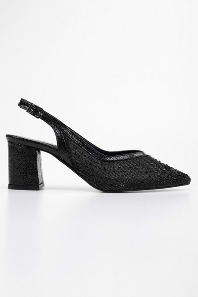 Shoeberry Women's Stan Black Glitter Thick Heeled Shoes
