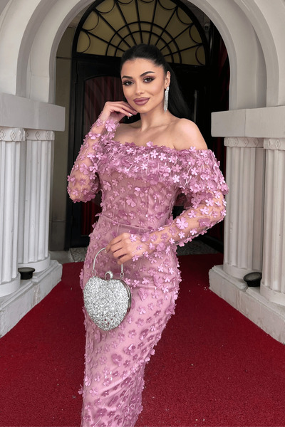 giyimmasalı Üç Boyut Çiçekli Kumaş Kayık Yaka Kalem Elbise - PUDRA