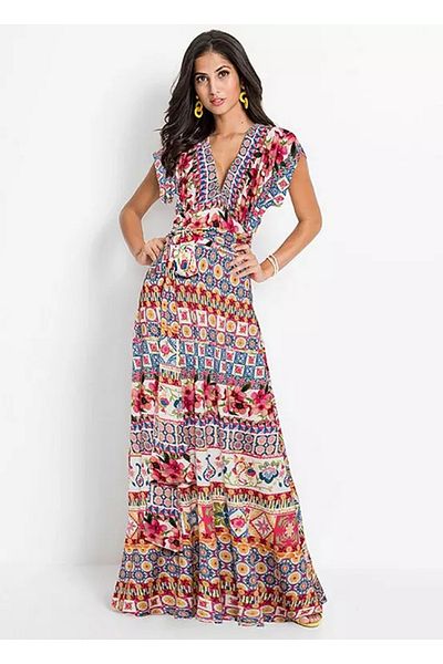 Şans Women's Large Size Colorful Back Detailed Long Colorful Dress 65n26504